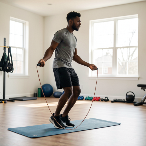 man jumping rope in neat home gym